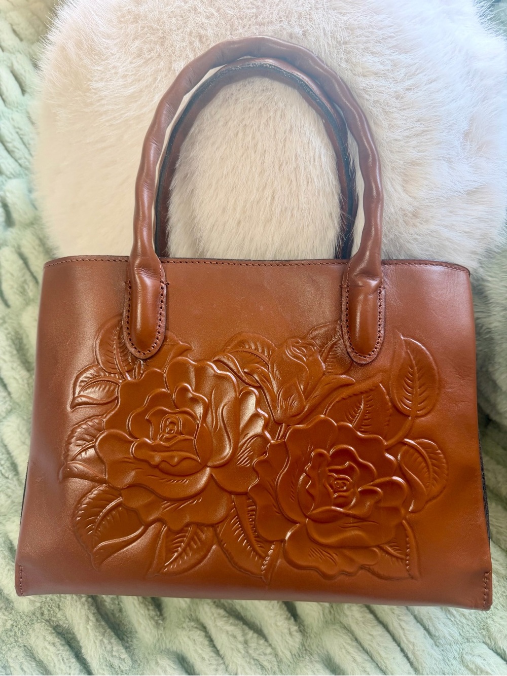 Patricia Nash Cognac Floral Embossed Leather Satchel